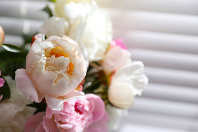 Closeup view of beautiful peonies near window indoors