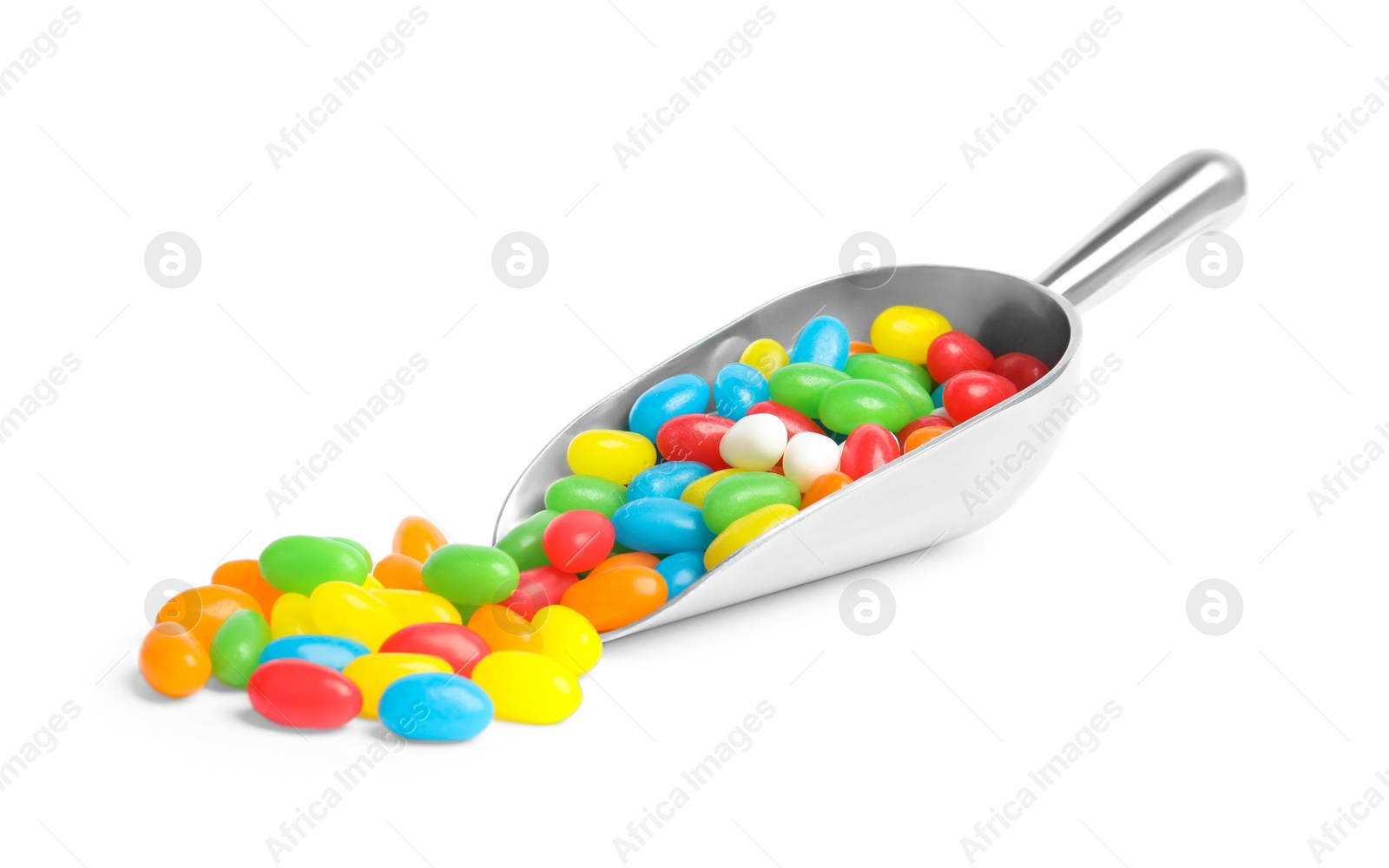 Photo of Scoop of delicious color jelly beans isolated on white