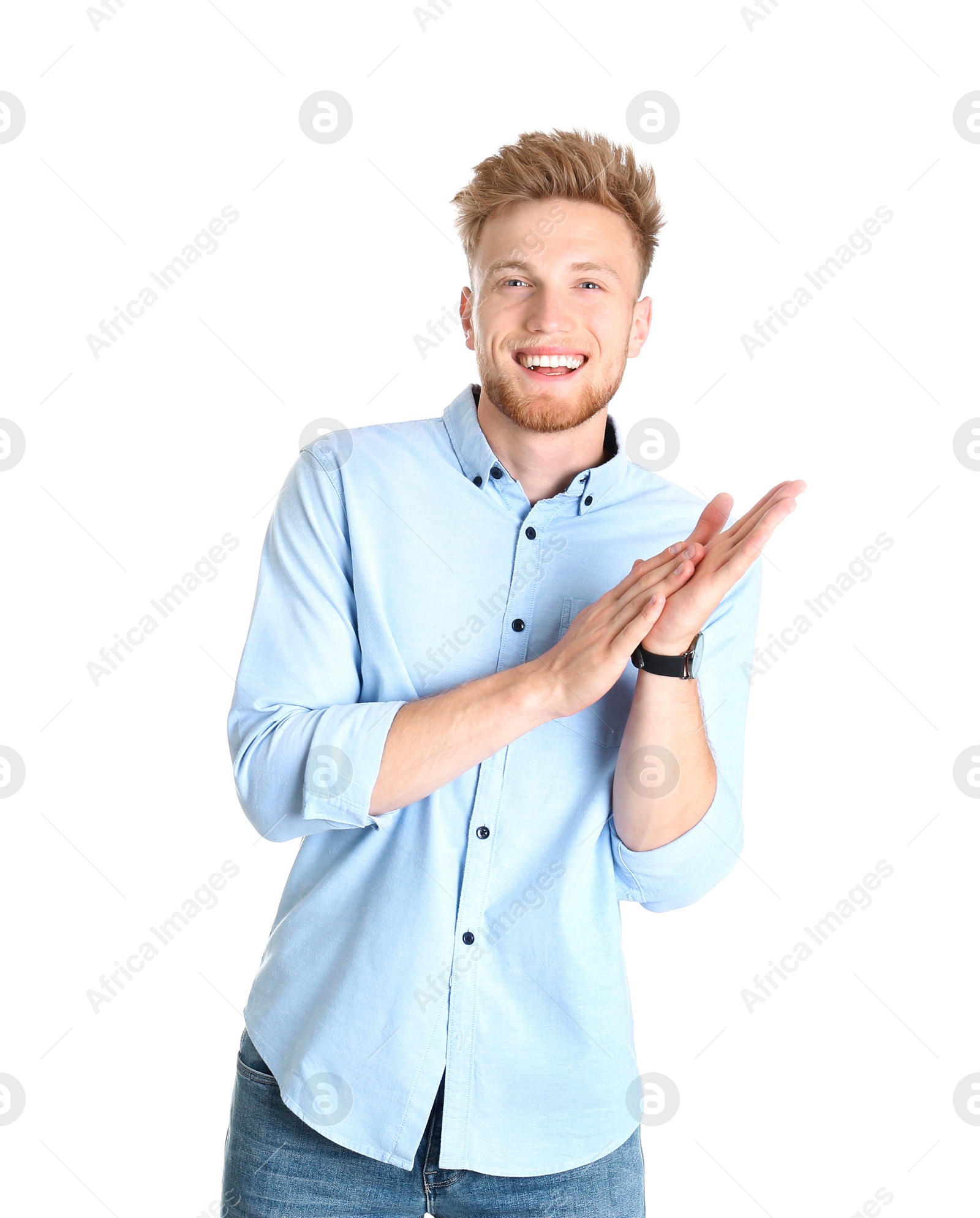 Photo of Portrait of handsome young man on white background