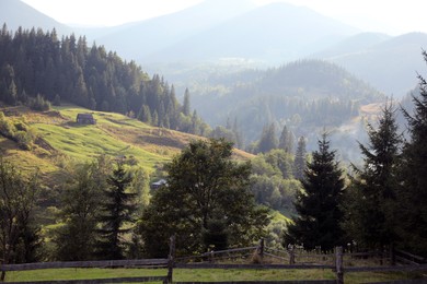 Beautiful view of grassy hill with conifer forest and houses. Mountain landscape