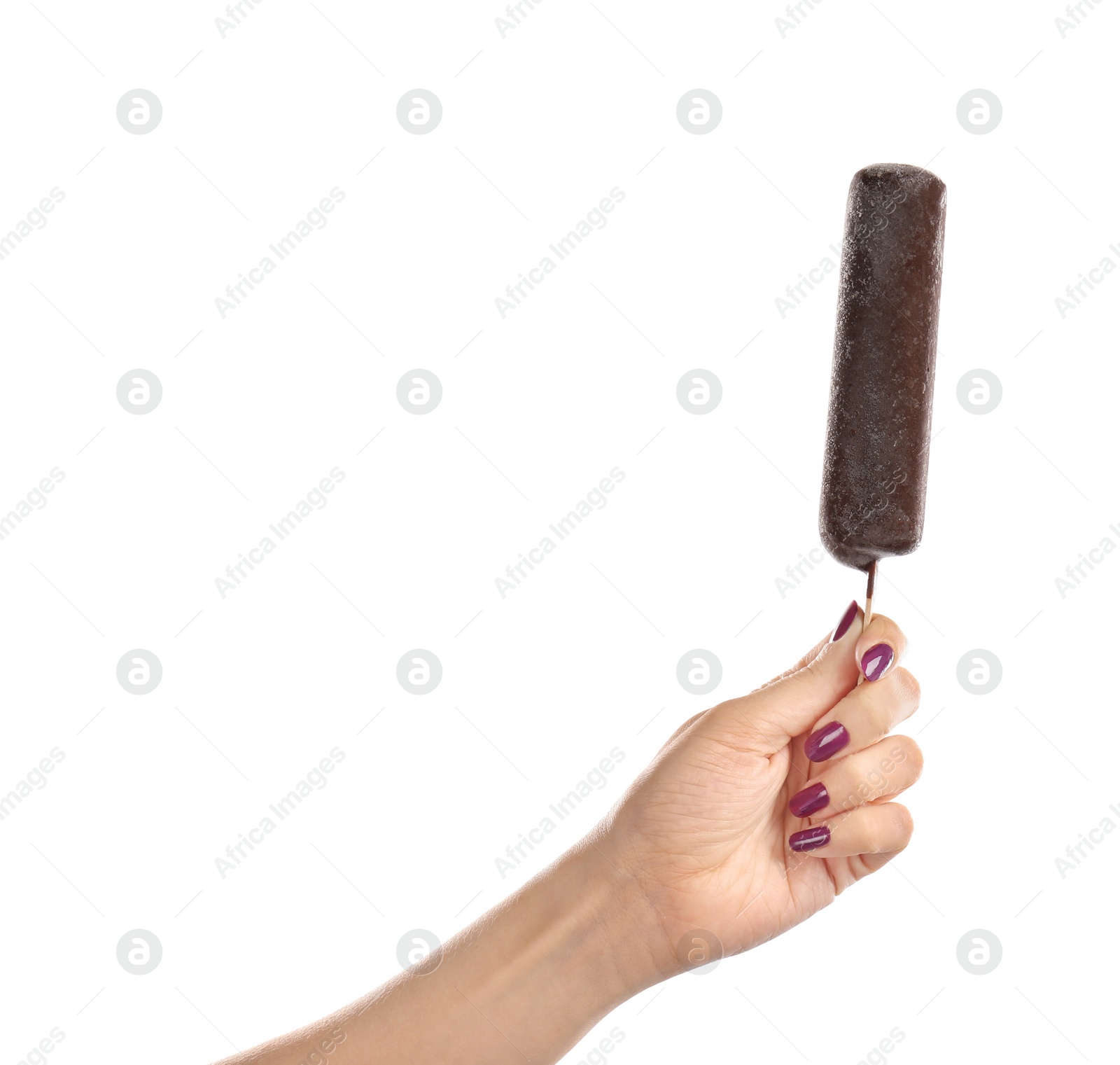 Photo of Woman holding yummy ice cream on white background. Focus on hand