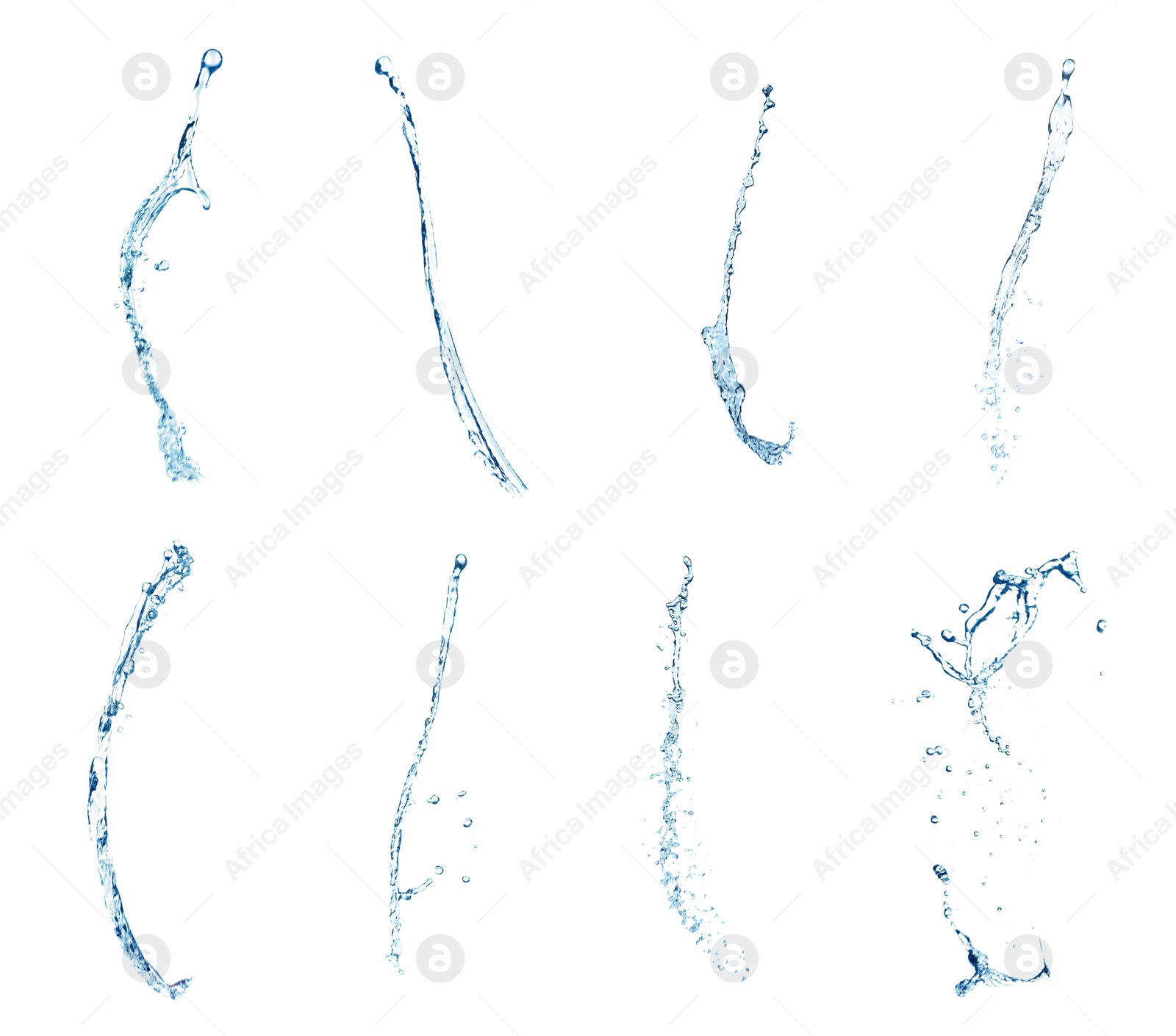 Image of Set with splashes of pure water on white background