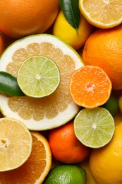 Photo of Different ripe citrus fruits with green leaves as background, top view