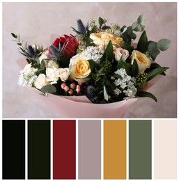 Beautiful bouquet with roses on beige background and color palette. Collage