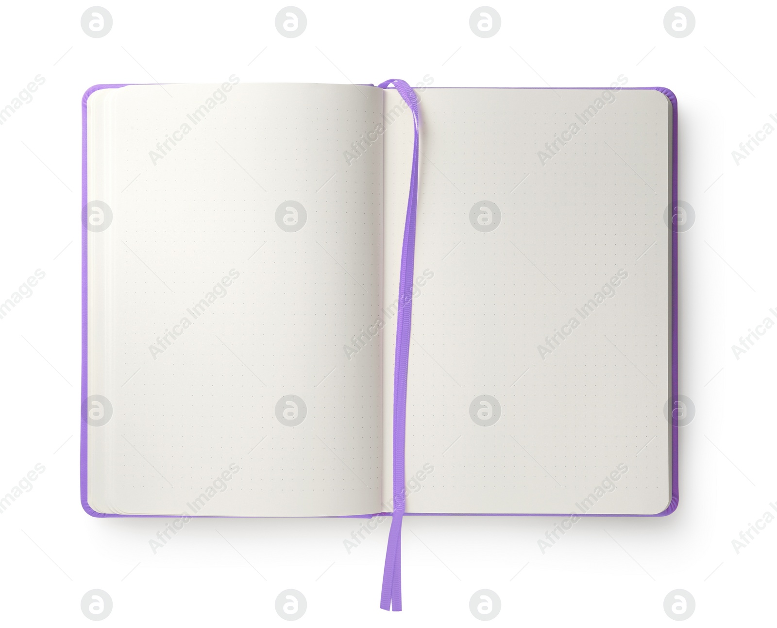 Image of Open blank violet notebook isolated on white, top view