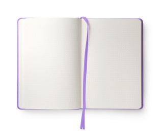 Image of Open blank violet notebook isolated on white, top view