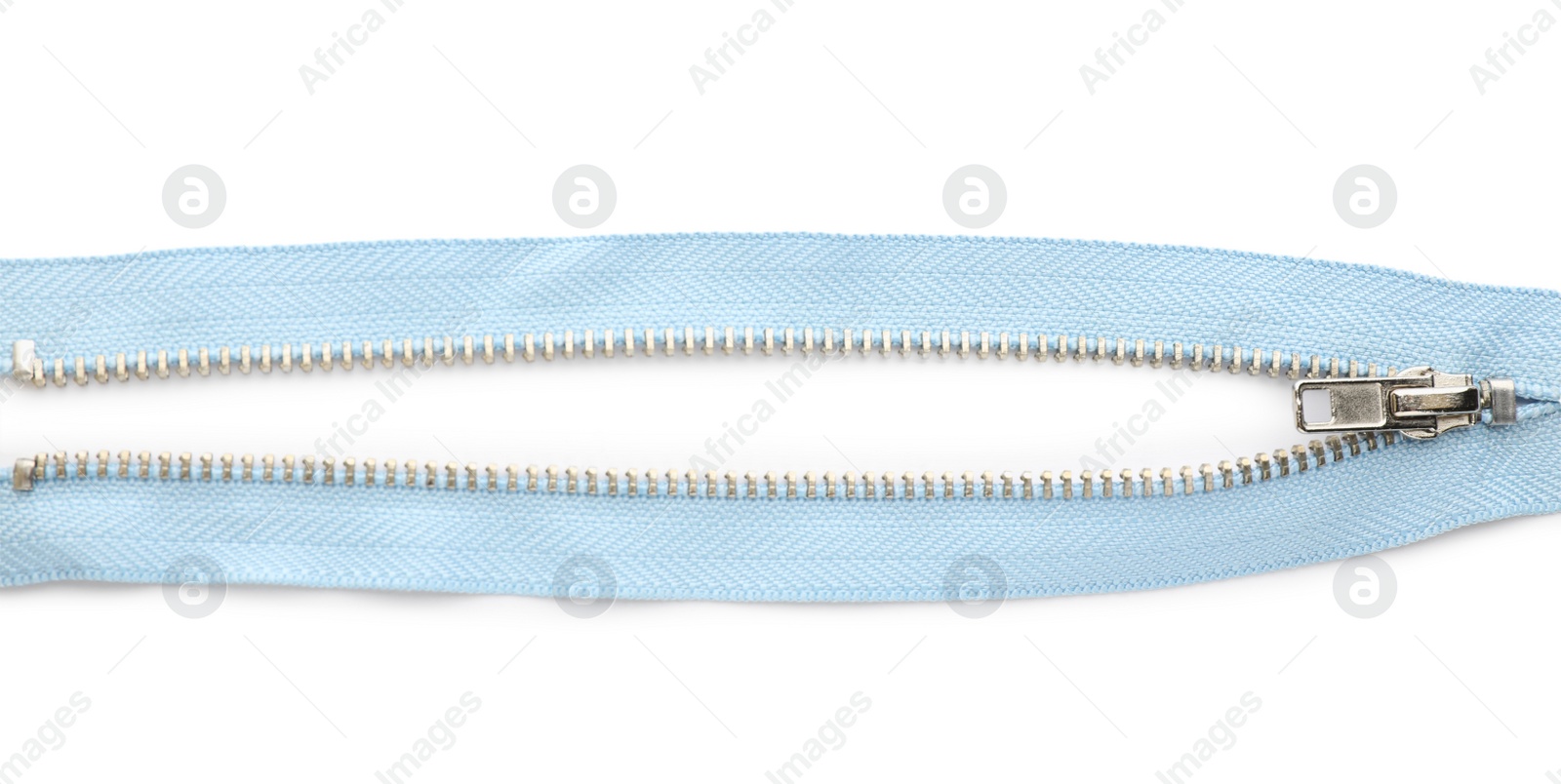 Photo of Light blue zipper on white background, top view