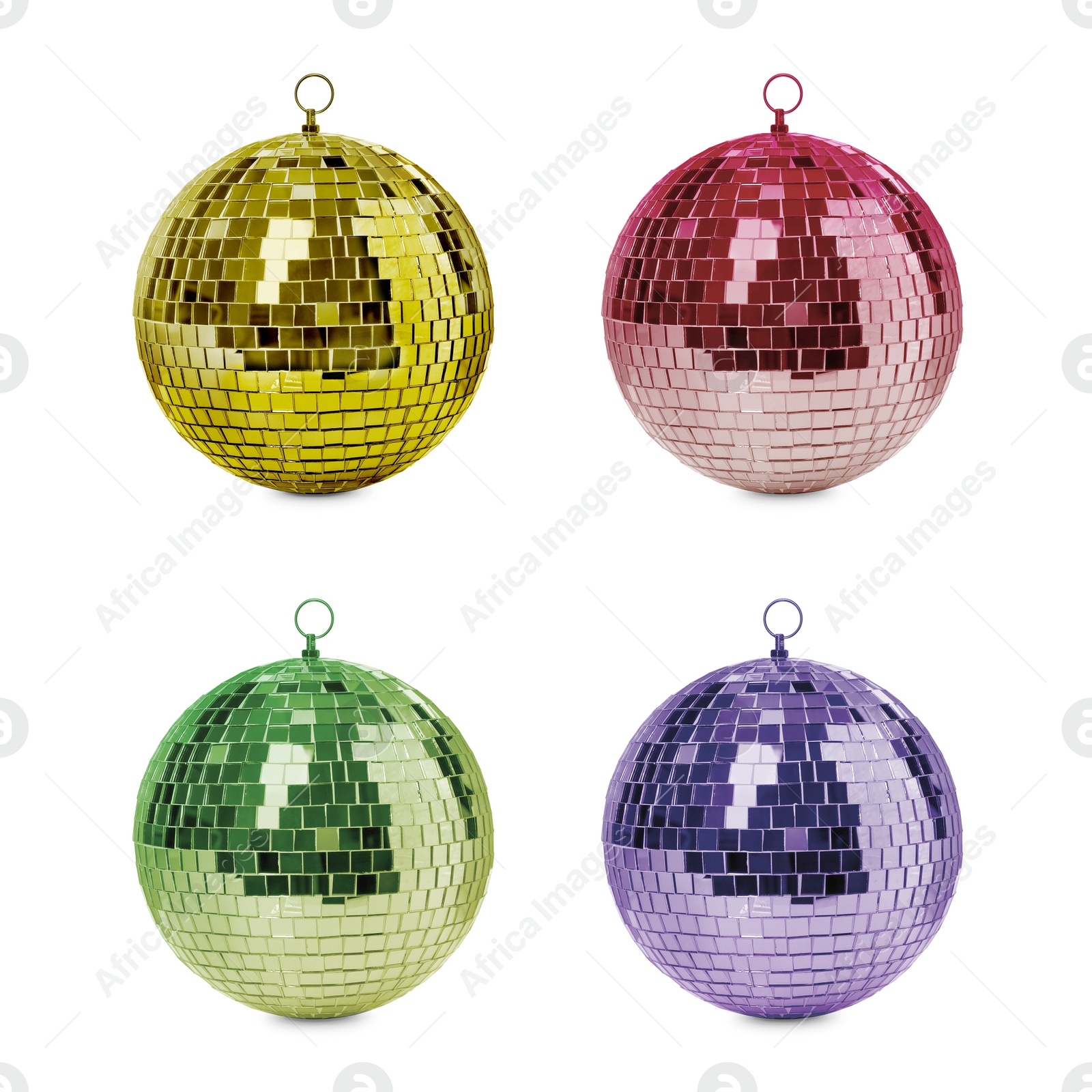 Image of Set with colorful shiny disco balls on white background 