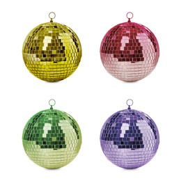 Image of Set with colorful shiny disco balls on white background 