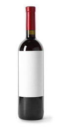 Bottle of delicious wine with blank label on white background