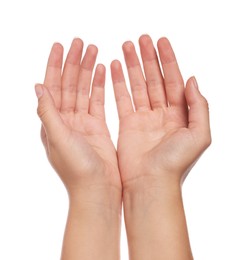 Photo of Woman holding her hands against white background, closeup