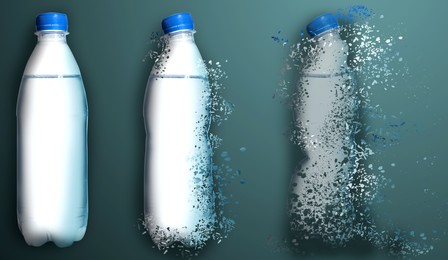 Image of Set with bottles of water vanishing on color background. Decomposition of plastic pollution, banner design