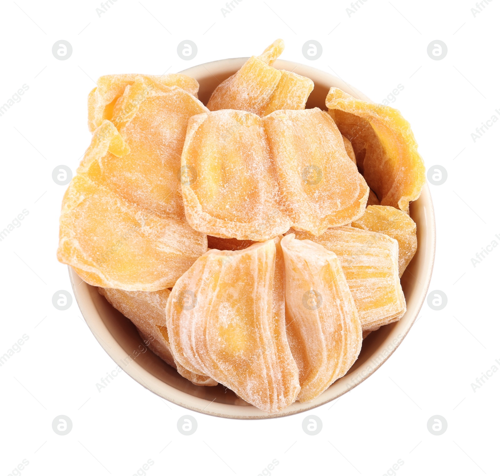 Photo of Delicious dried jackfruit slices in bowl isolated on white, top view