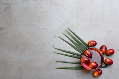 Palm oil in glass bowl with fruits and tropical leaf on grey table, flat lay. Space for text