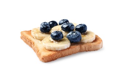 Photo of Delicious toast with bananas, blueberries and honey isolated on white