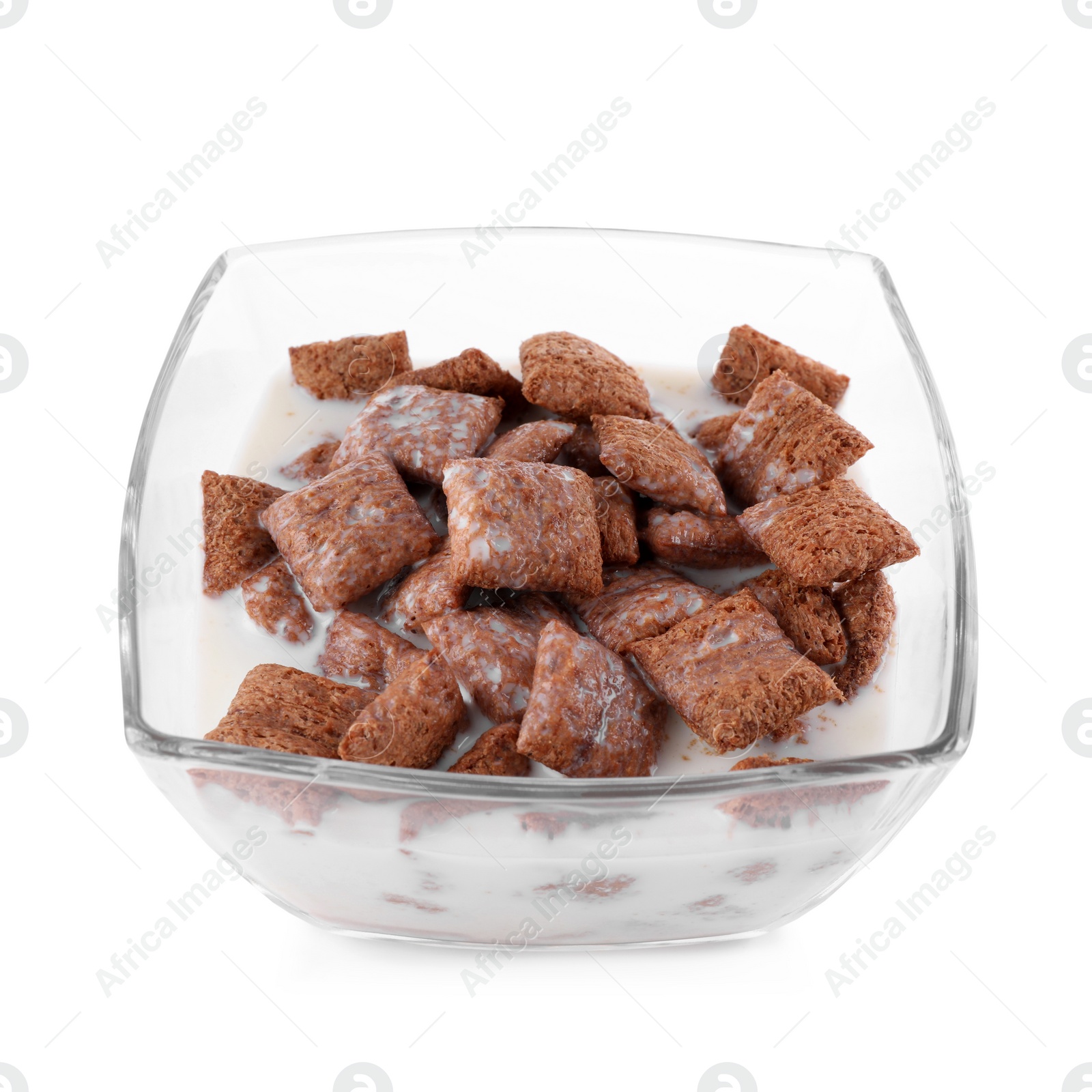 Photo of Tasty corn pads with milk in glass bowl isolated on white