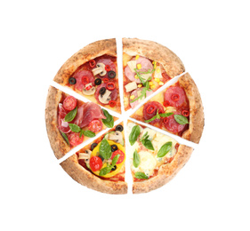 Slices of different pizzas on white background, top view 