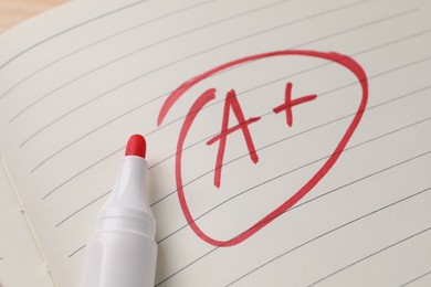 School grade. Red letter A with plus symbol on notebook paper and marker, closeup