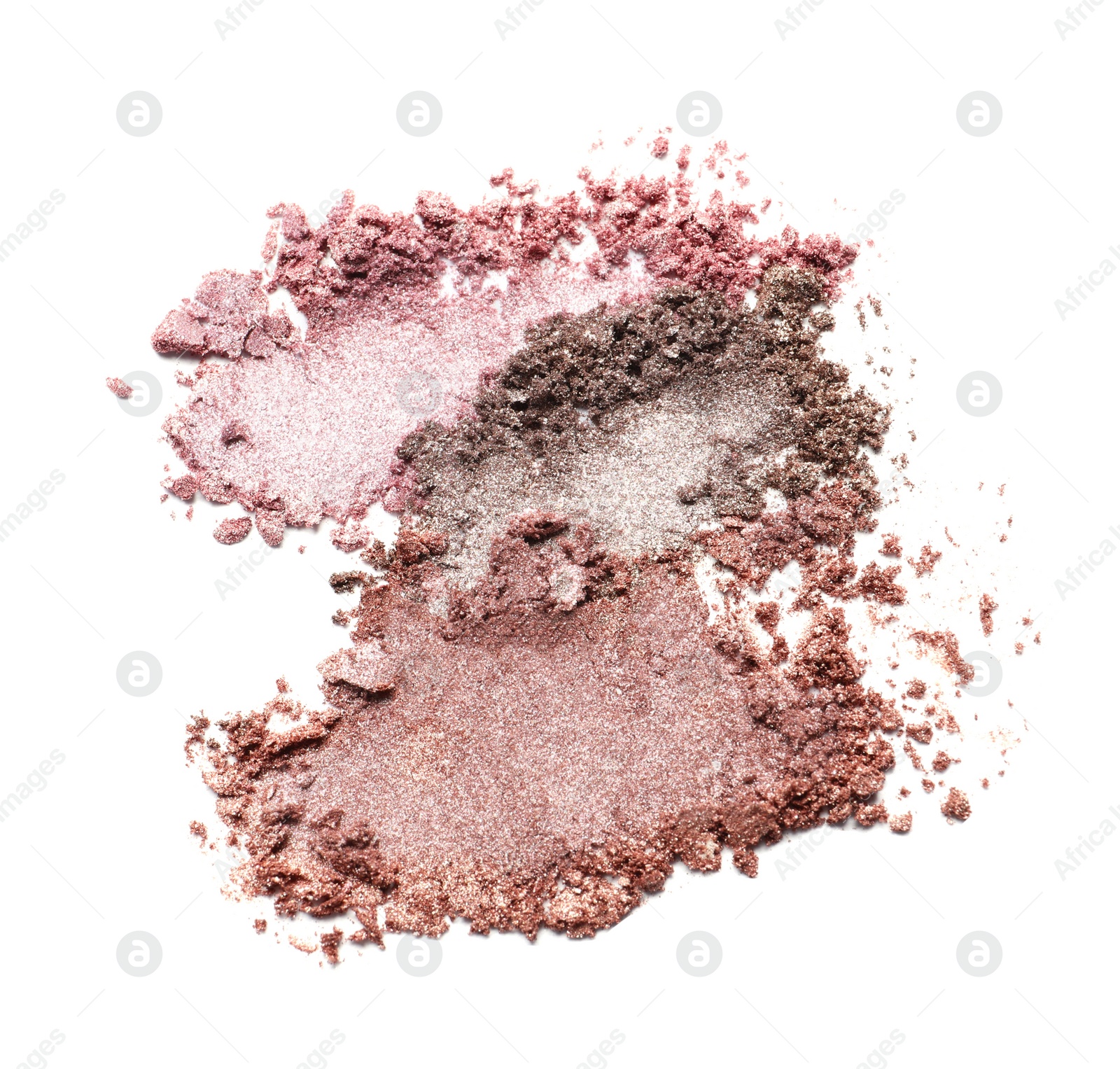 Photo of Crushed eye shadows on white background, top view. Professional makeup product