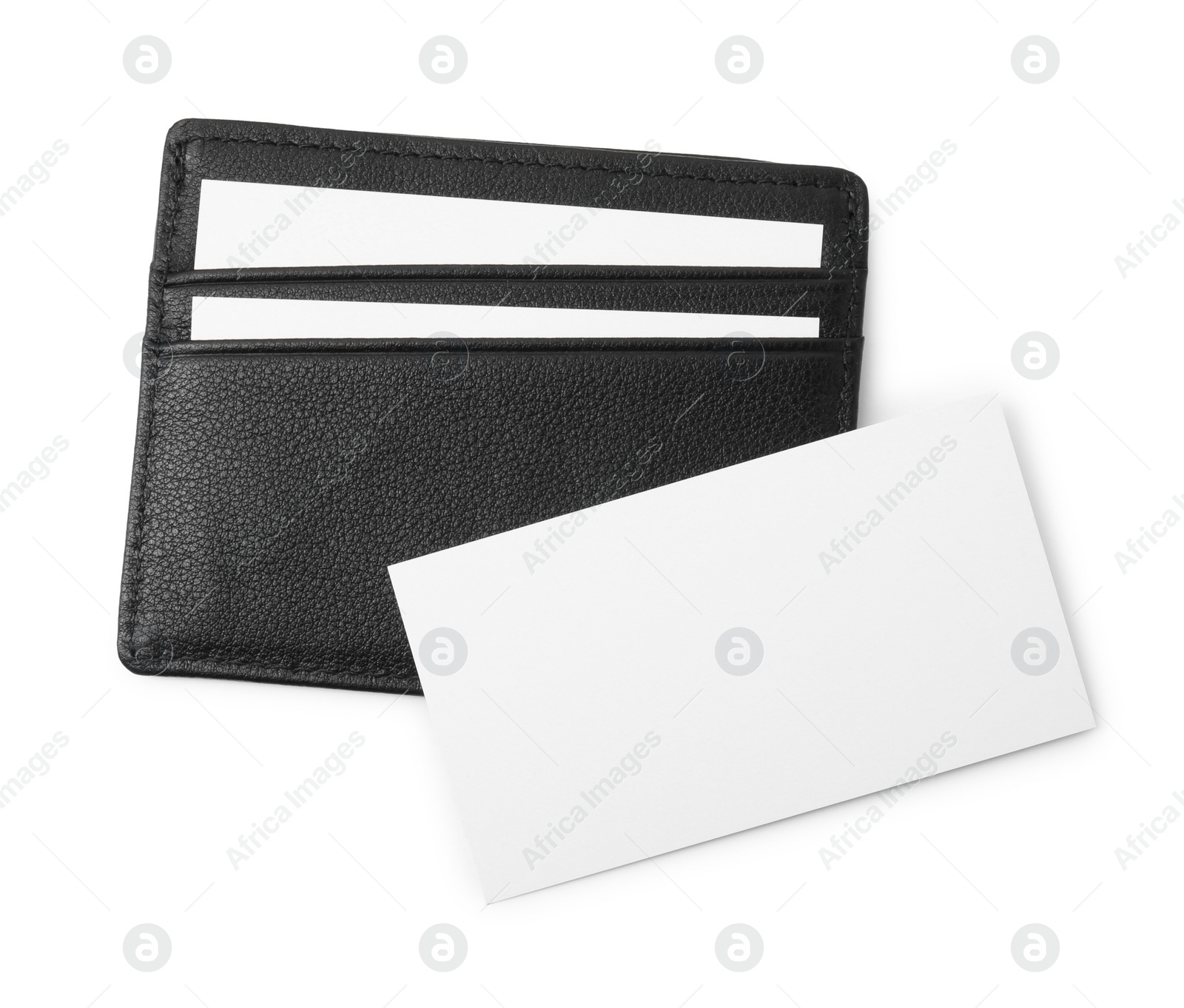 Photo of Black business card holder with cards isolated on white, top view