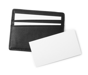 Black business card holder with cards isolated on white, top view