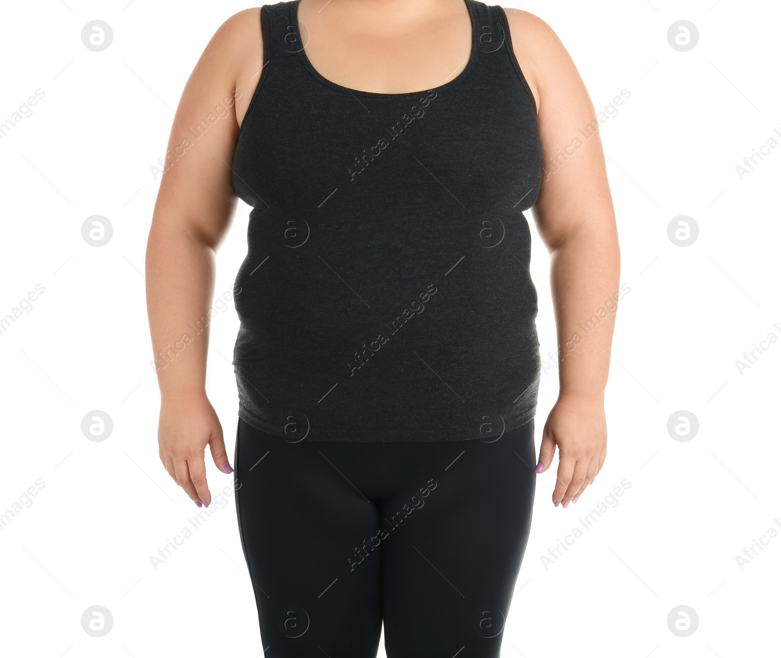 Photo of Overweight woman on white background, closeup view