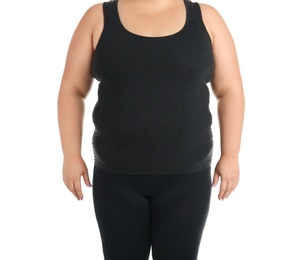 Photo of Overweight woman on white background, closeup view