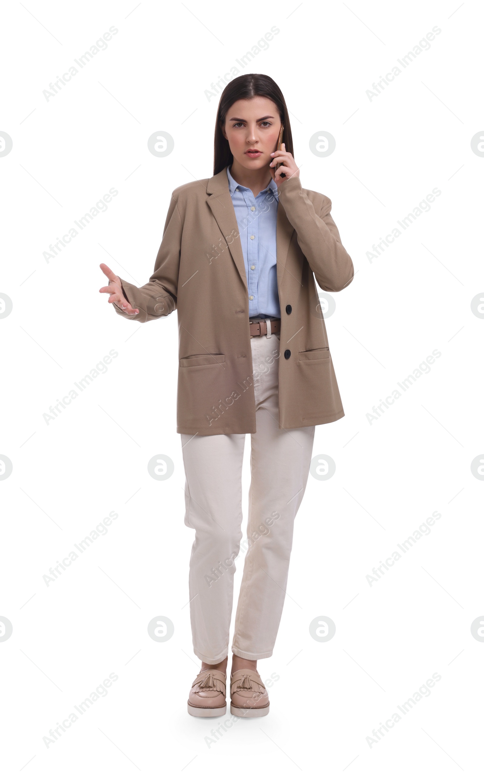 Photo of Beautiful businesswoman talking on smartphone against white background