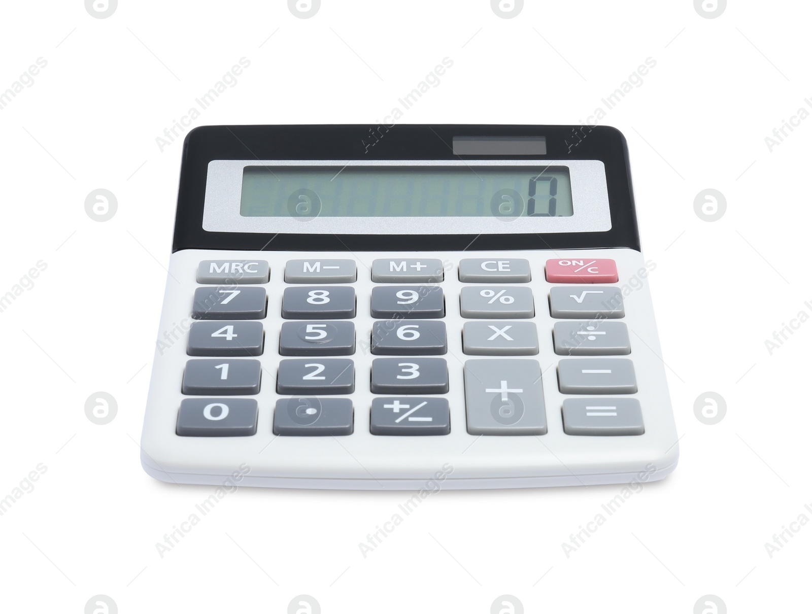 Photo of Modern calculator isolated on white. Office stationery