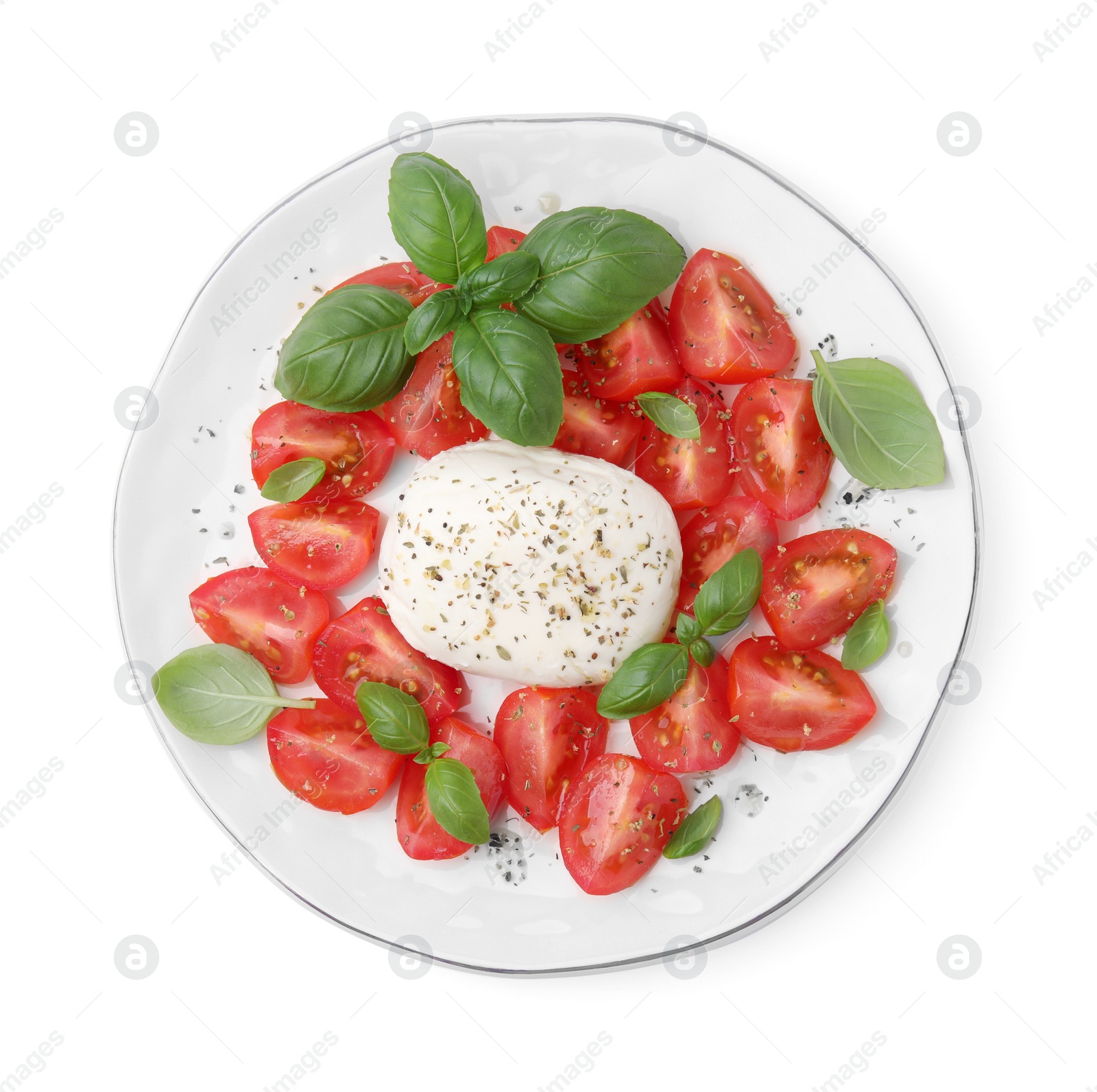 Photo of Tasty salad Caprese with mozarella, tomatoes and basil on white background, top view