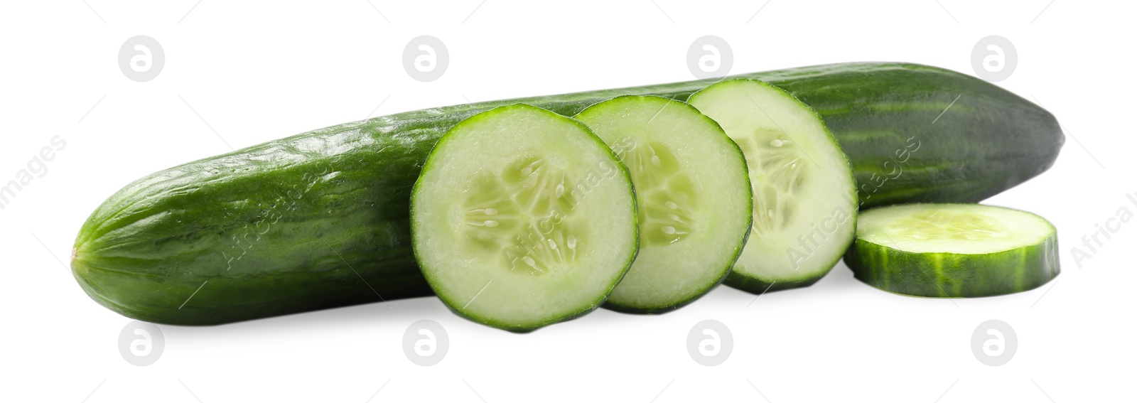 Photo of Whole cucumber and pieces of one isolated on white