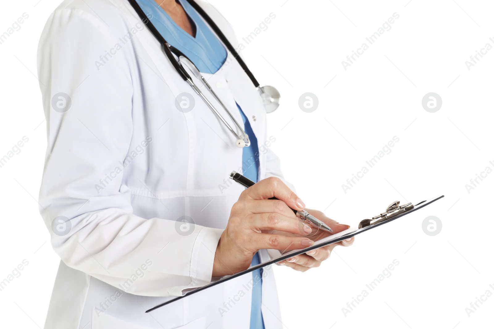 Photo of Closeup of female doctor with clipboard isolated on white. Medical staff