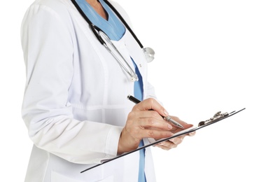 Photo of Closeup of female doctor with clipboard isolated on white. Medical staff