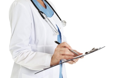 Closeup of female doctor with clipboard isolated on white. Medical staff