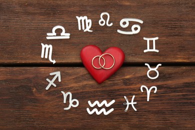 Zodiac signs, red heart and wedding rings on wooden background, flat lay