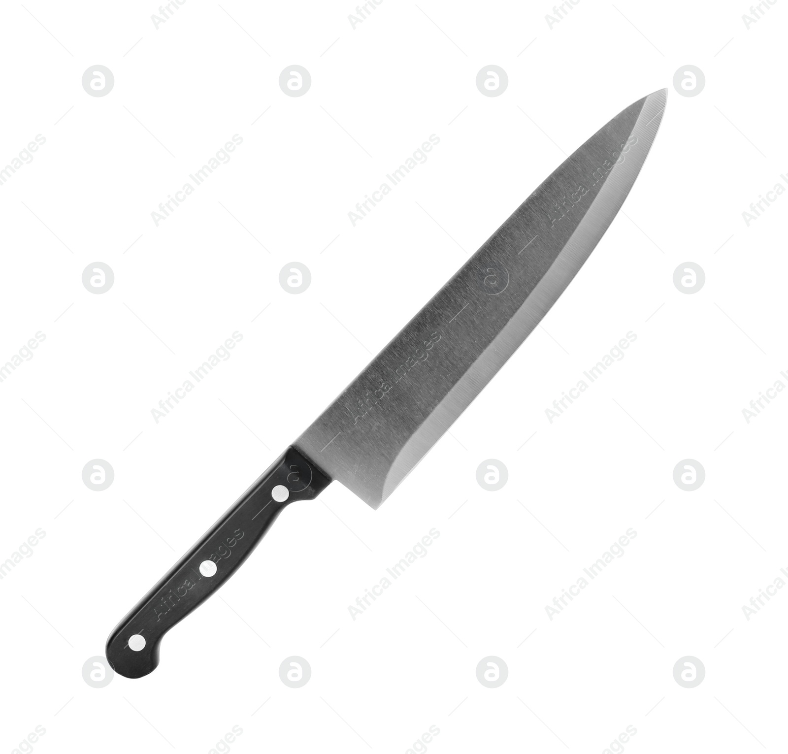 Photo of Modern chef's knife with black handle isolated on white