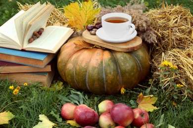 Books, pumpkin, apples and cup of tea on green grass outdoors. Autumn season