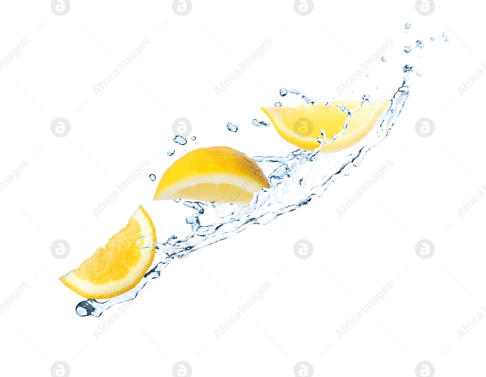 Image of Fresh ripe lemon and splashing water on white background