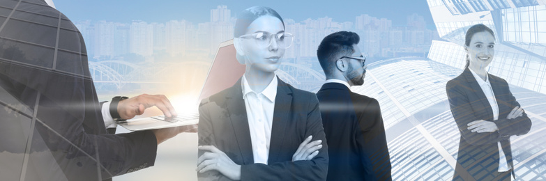 Image of Multiple exposure of business people and cityscape. Banner design