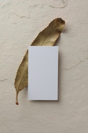 Empty business card and leaf on light textured background, top view. Mockup for design