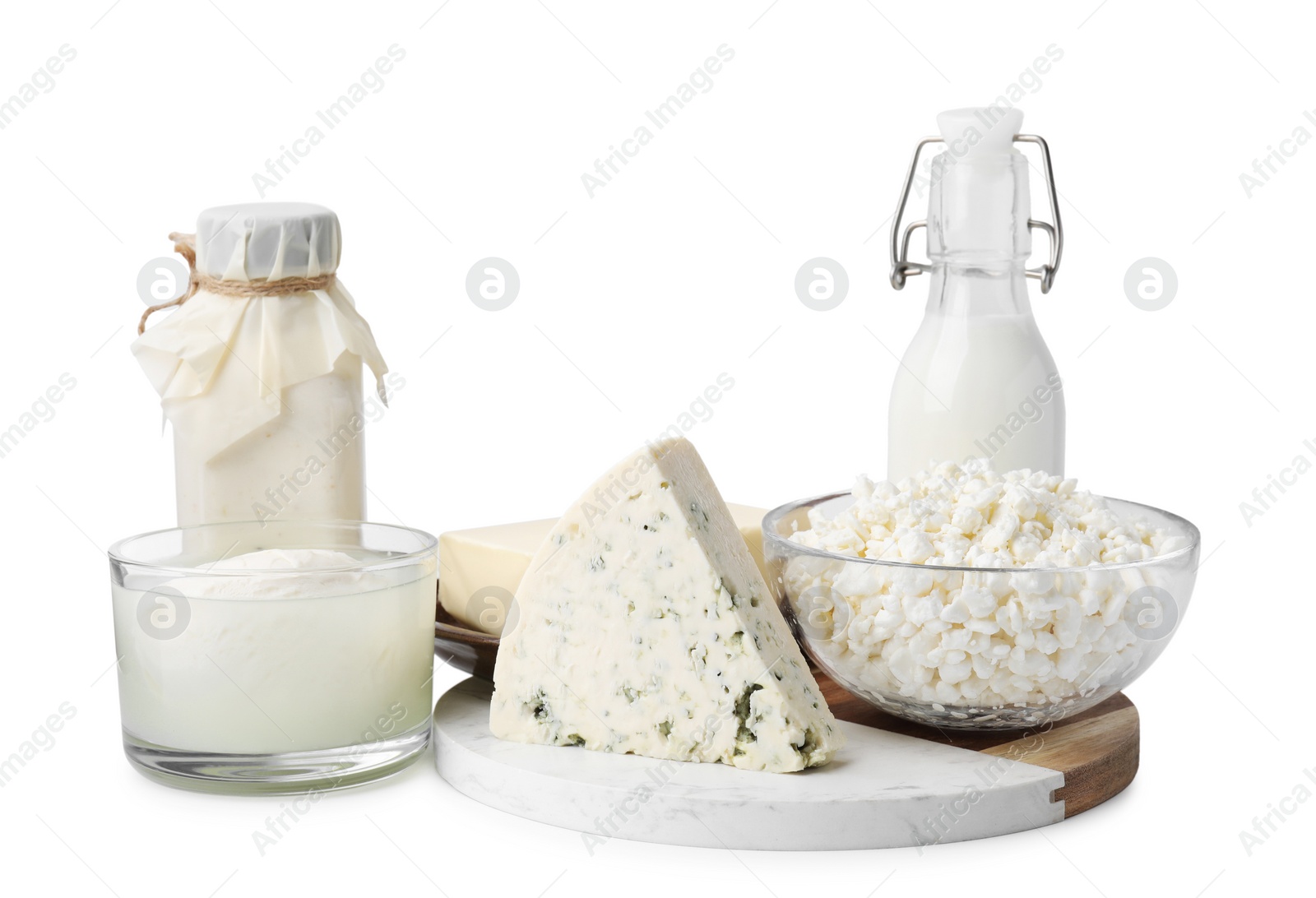 Photo of Different fresh dairy products isolated on white