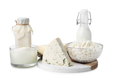 Photo of Different fresh dairy products isolated on white