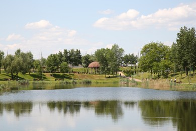 Photo of Beautiful park with green trees and lake