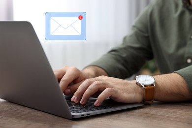 Image of Email. Man using laptop indoors, closeup. Incoming letter notification near device