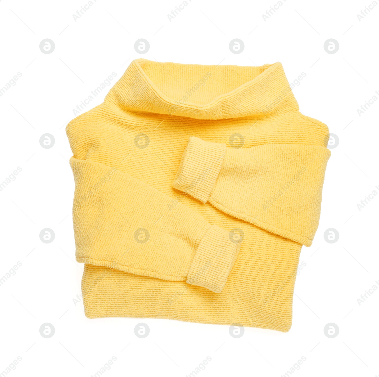 Photo of Yellow woolen sweater isolated on white, top view