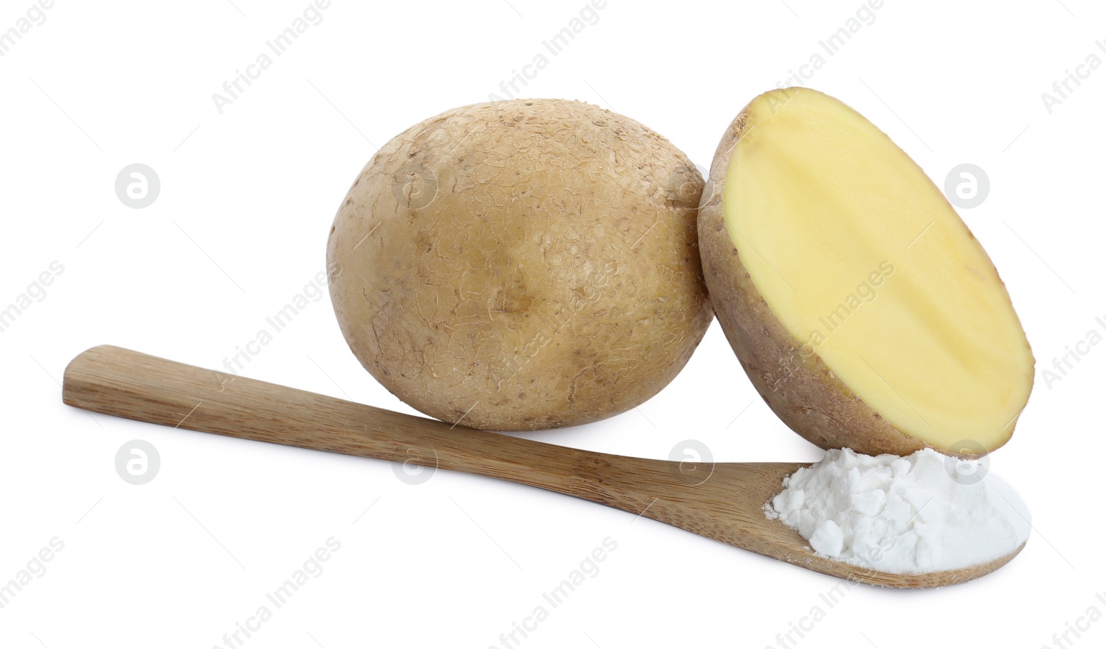 Photo of Wooden spoon of starch and fresh raw potatoes on white background