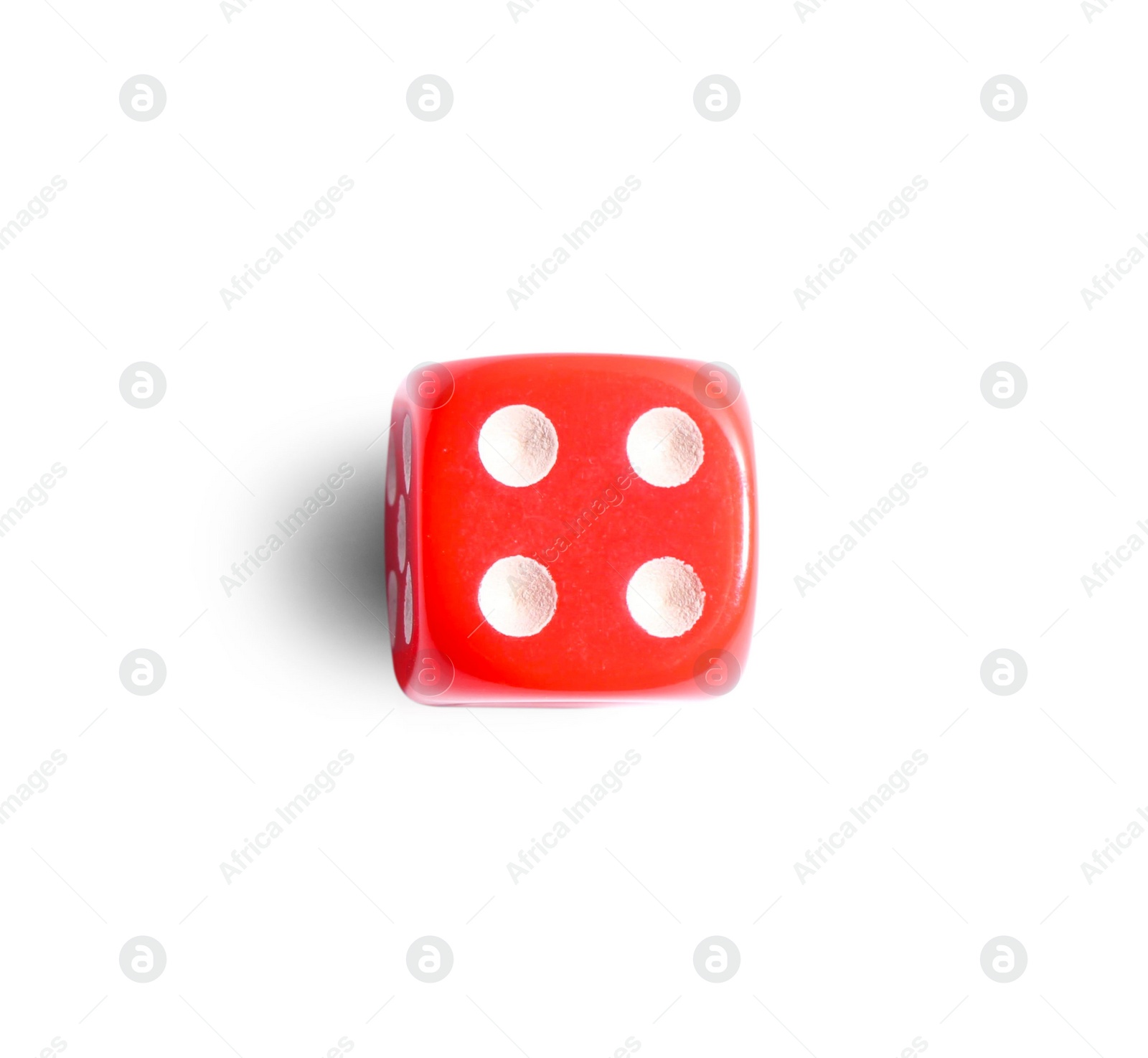 Photo of One red game dice isolated on white, top view