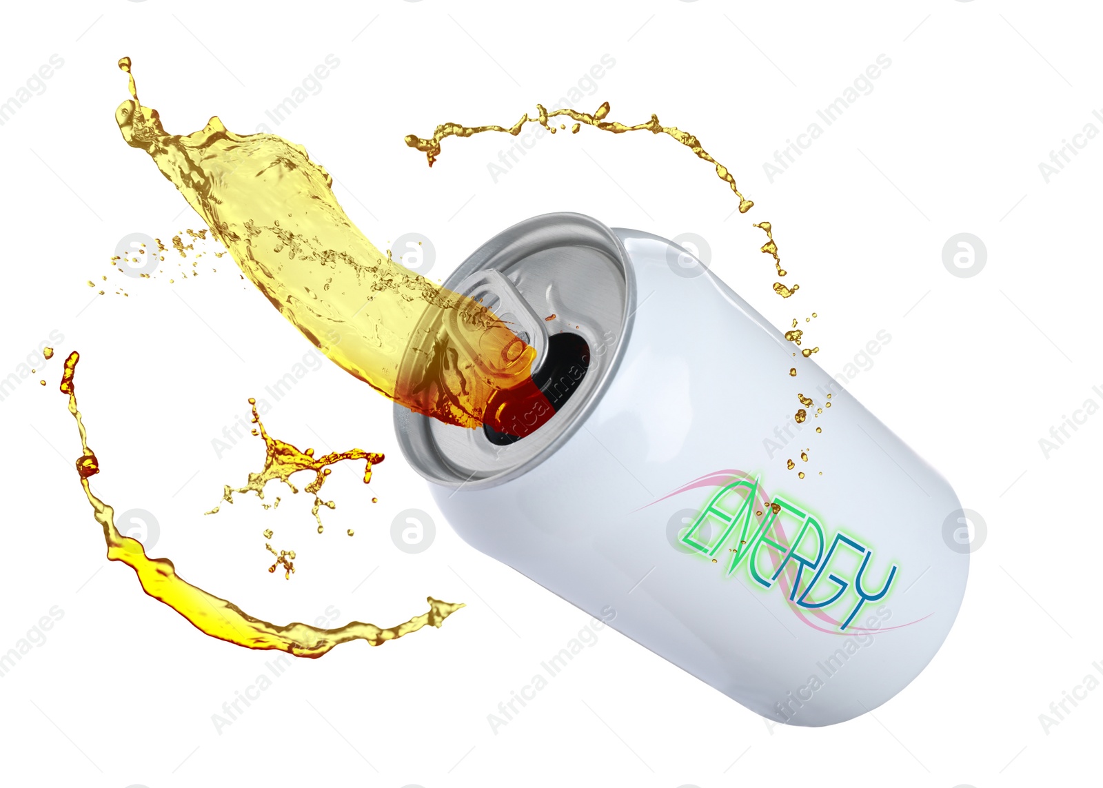 Image of Can of energy drink with splashes on white background