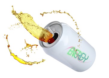 Image of Can of energy drink with splashes on white background