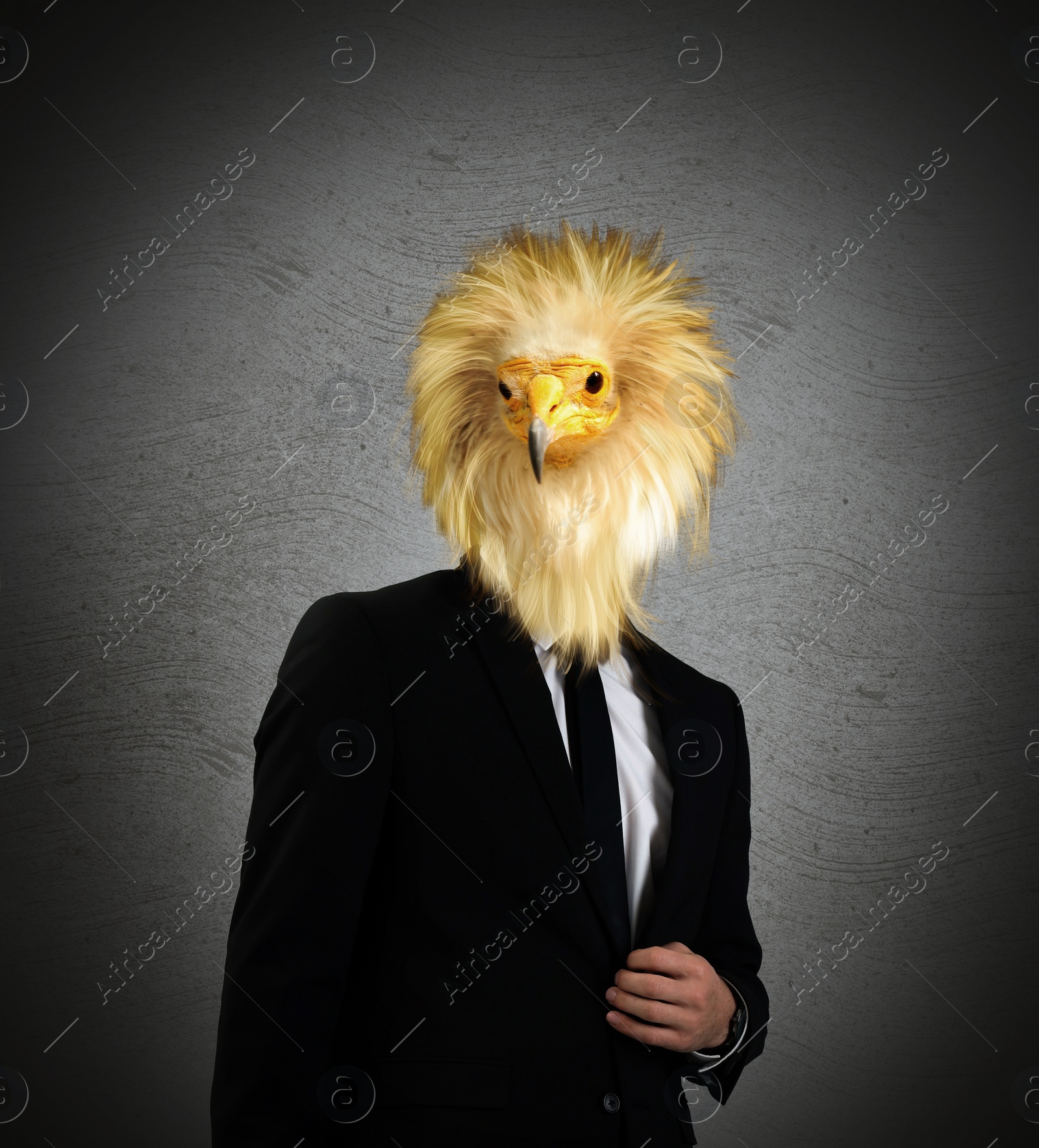 Image of Portrait of businessman with bird face on dark background